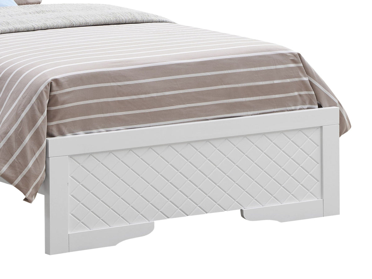 Bed with LED light accents headboard, white upholstered frame with diamond-pattern panel on Tampa Home & Garden Store
