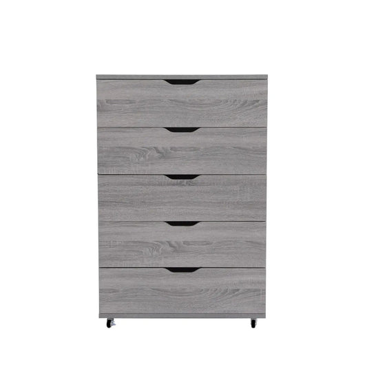 Modern 5 Drawer Dresser With Wheels in grey wood finish by Unique Piece Furniture chest on Tampa Home & Garden Store