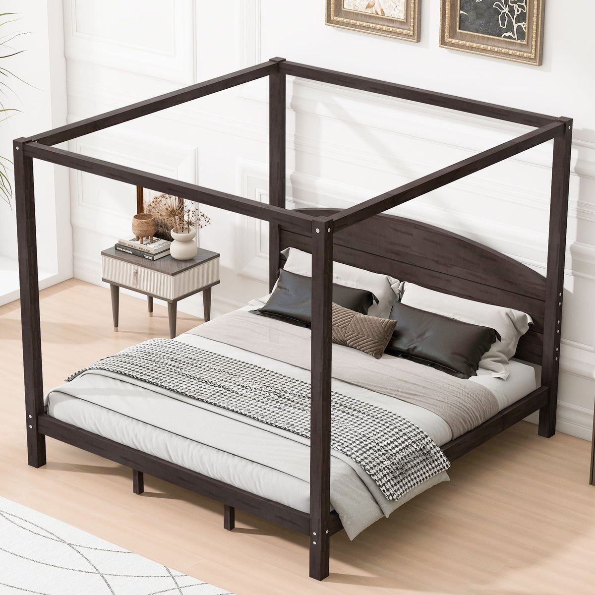 anopy Platform Bed With Headboard And Support Legs dark wood canopy frame with two mattresses on Tampa Home & Garden Store