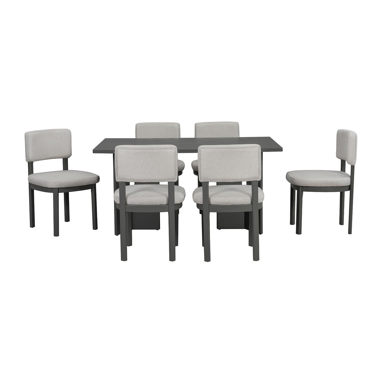 Dining table set with six light gray upholstered chairs around a dark gray rectangular table on Tampa Home & Garden Store
