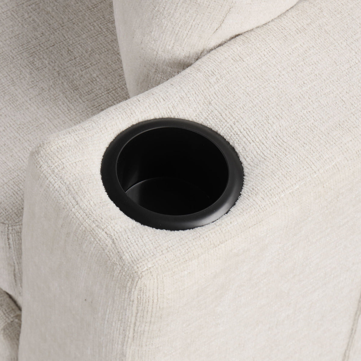 Beige sleeper chair cup holder close-up on textured fabric upholstery on Tampa Home & Garden Store