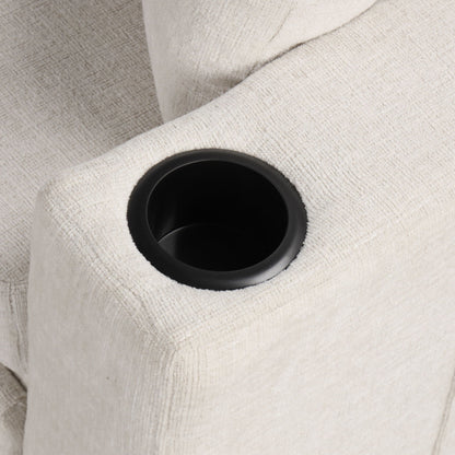 Beige sleeper chair cup holder close-up on textured fabric upholstery on Tampa Home & Garden Store