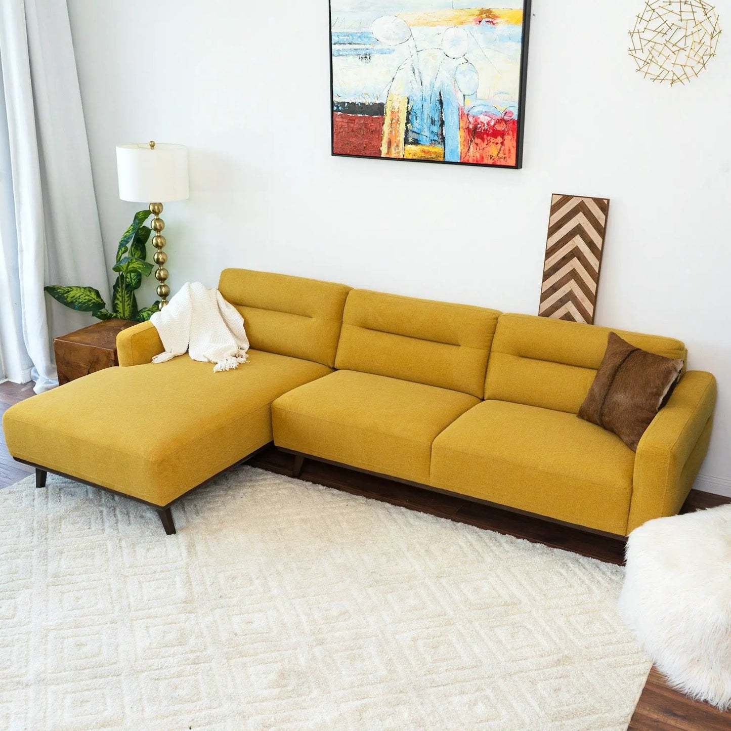 Ella L-shaped stationary sectional in mustard yellow with chaise, by Unique Piece Furniture on Tampa Home & Garden Store