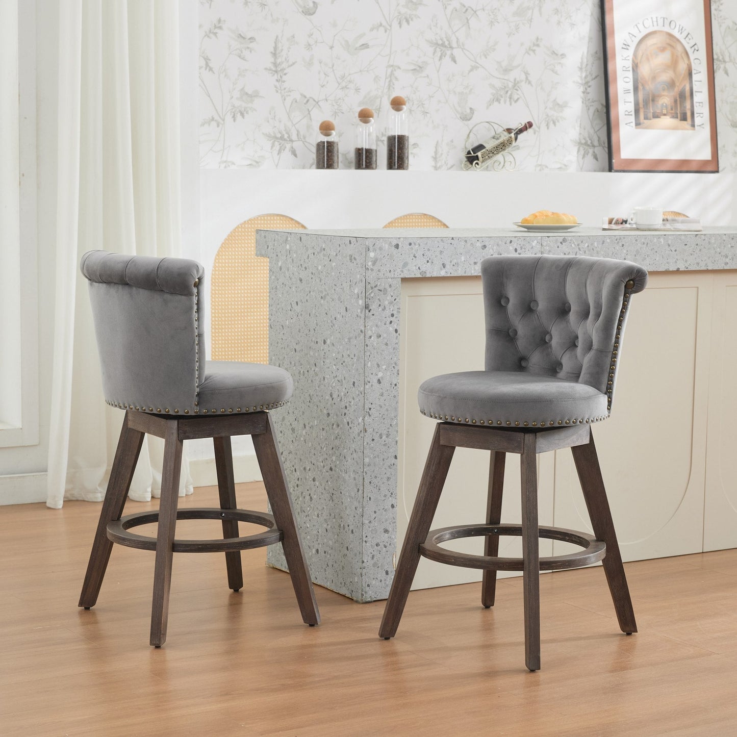 2 gray velvet 26in counter height bar stools with 360° swivel and tufted backs on Tampa Home & Garden Store