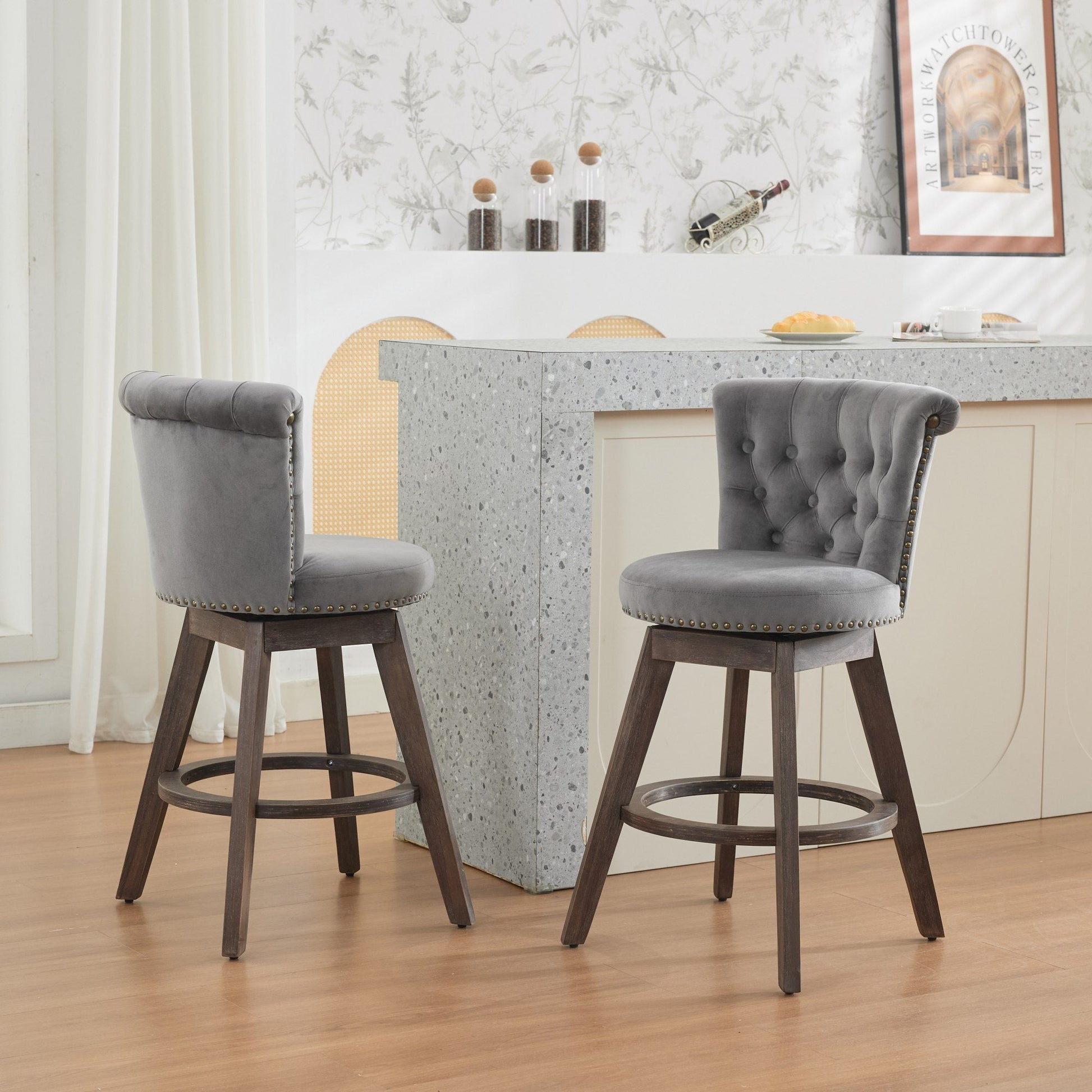 2 gray velvet 26in counter height bar stools with 360° swivel and tufted backs on Tampa Home & Garden Store