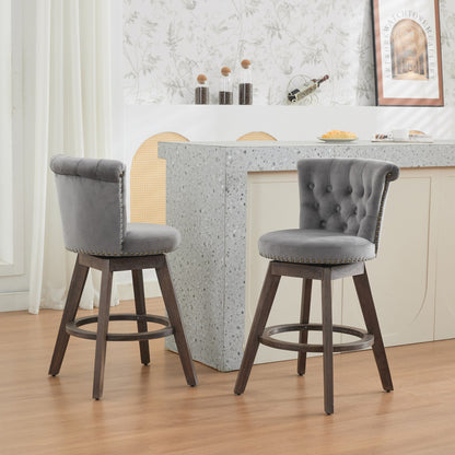 2 gray velvet 26in counter height bar stools with 360° swivel and tufted backs on Tampa Home & Garden Store