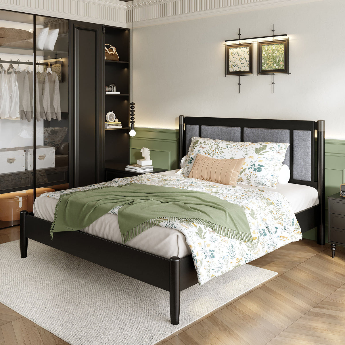Solid wood queen bed frame with black finish, 500 lb support, no box spring on Tampa Home & Garden Store