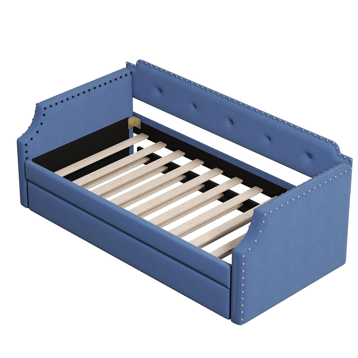Upholstered blue daybed with trundle, nailhead trim, wooden slat base HouseOfZazla on Tampa Home & Garden Store