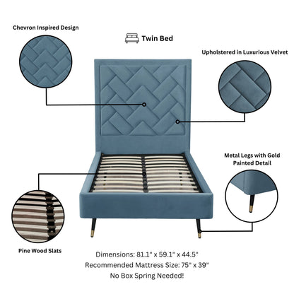 Crosby twin bed with blue velvet chevron-stitched headboard and slats on Tampa Home & Garden Store