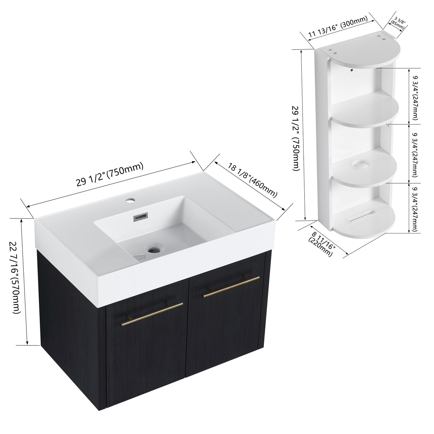 Modern wall-mounted vanity with white resin sink and storage rack on Tampa Home & Garden Store