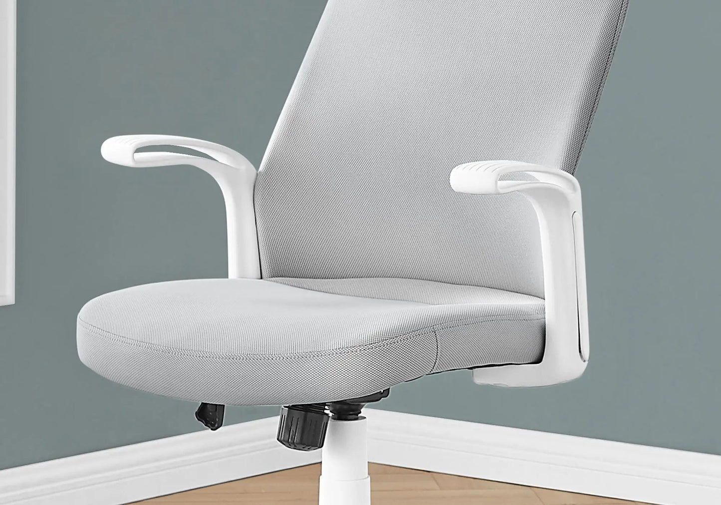 Office chair white frame with gray mesh back and seat, adjustable height and armrests on Tampa Home & Garden Store
