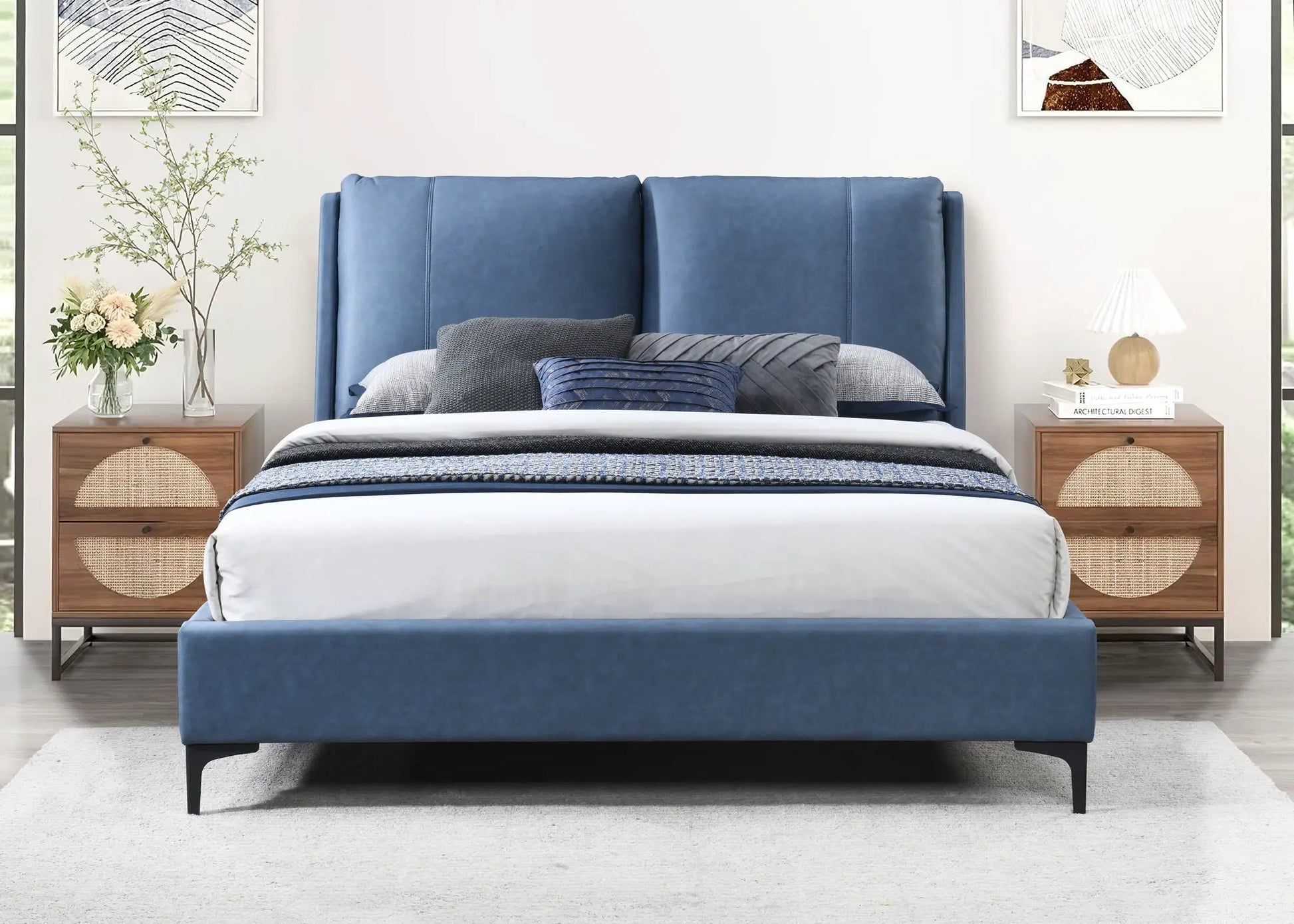 Fully Upholstered Bed with blue headboard and two nightstands by Unique Piece Furniture on Tampa Home & Garden Store