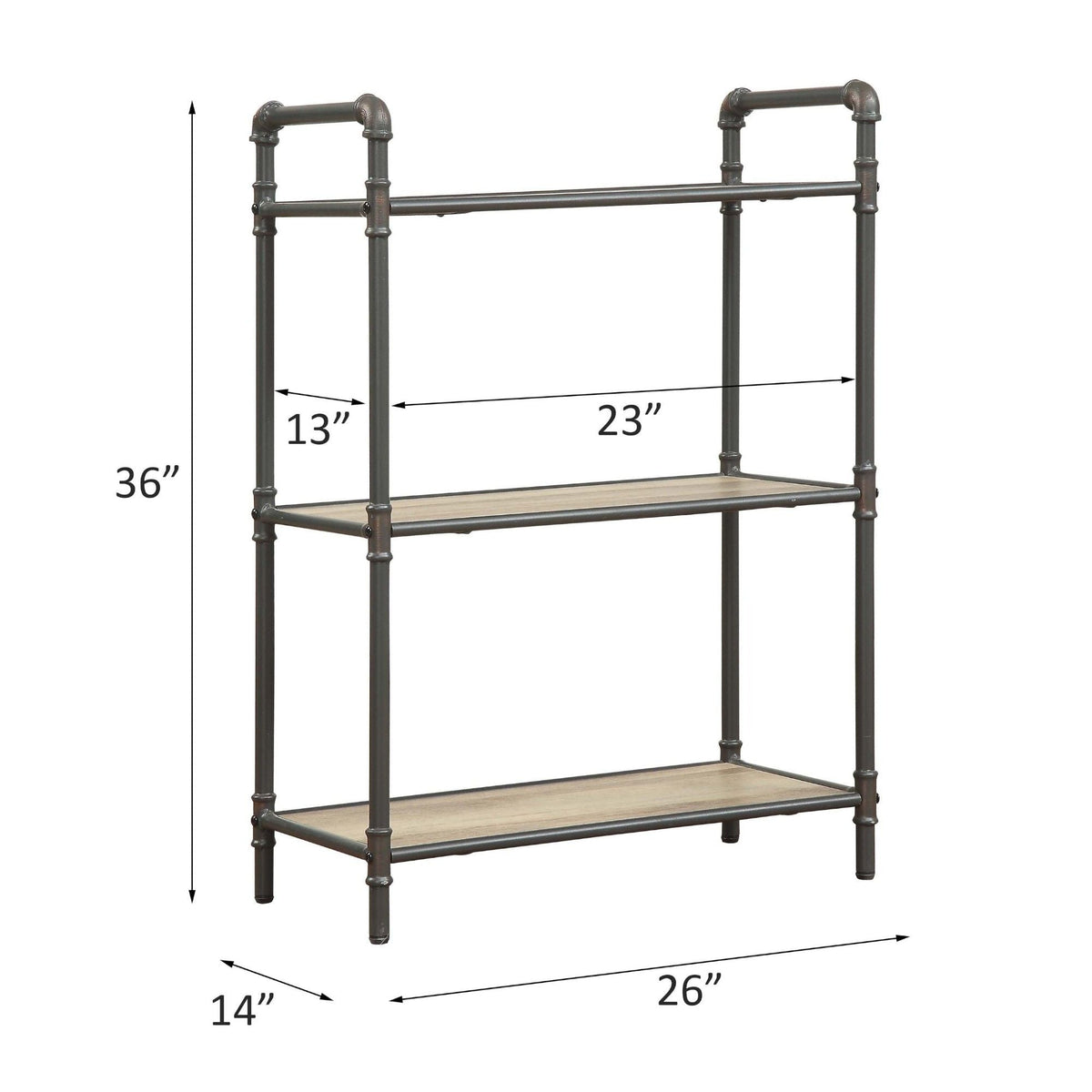 Light brown bookshelf with a durable dark metal pipe frame, 26W x 14D x 49H on Tampa Home & Garden Store