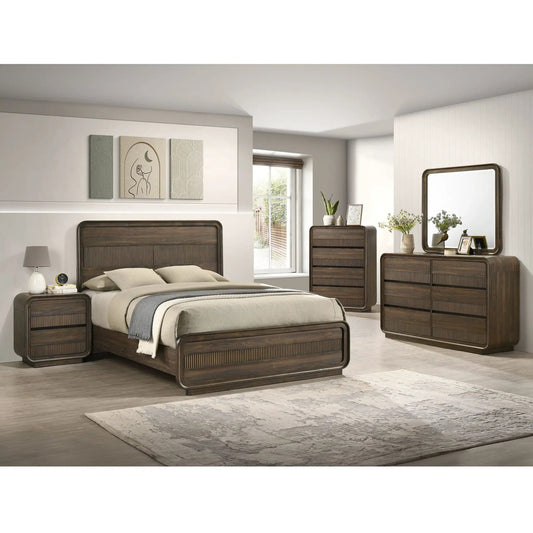 Two Flair rounded-edge brown wood dressers with a matching nightstand in a modern bedroom on Tampa Home & Garden Store