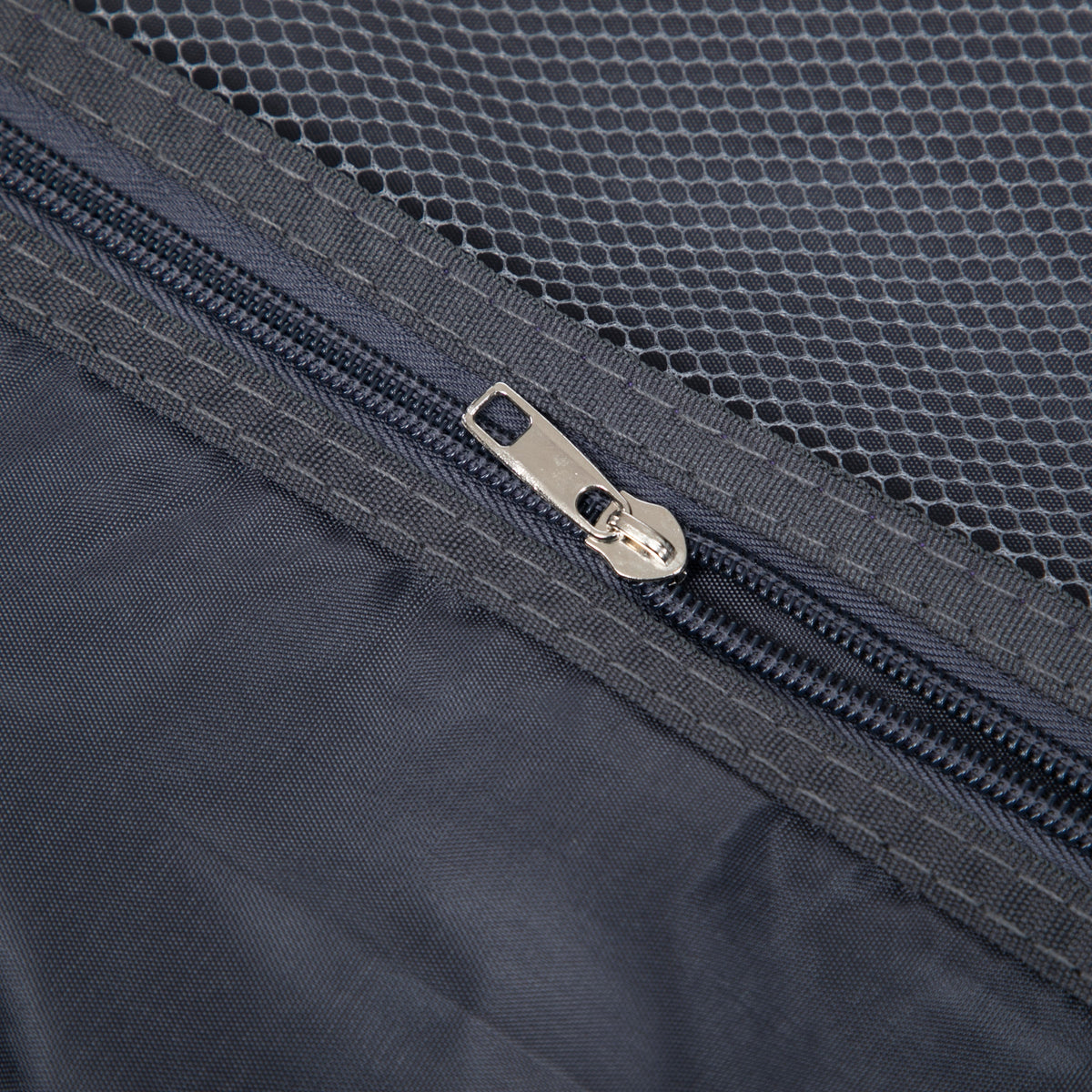 HouseOfZazla luggage set zipper closeup on dark navy fabric with mesh panel on Tampa Home & Garden Store