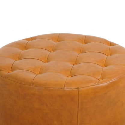 Light tan leather ottoman with tufted top and solid wood base by HouseOfZazla Seletar on Tampa Home & Garden Store