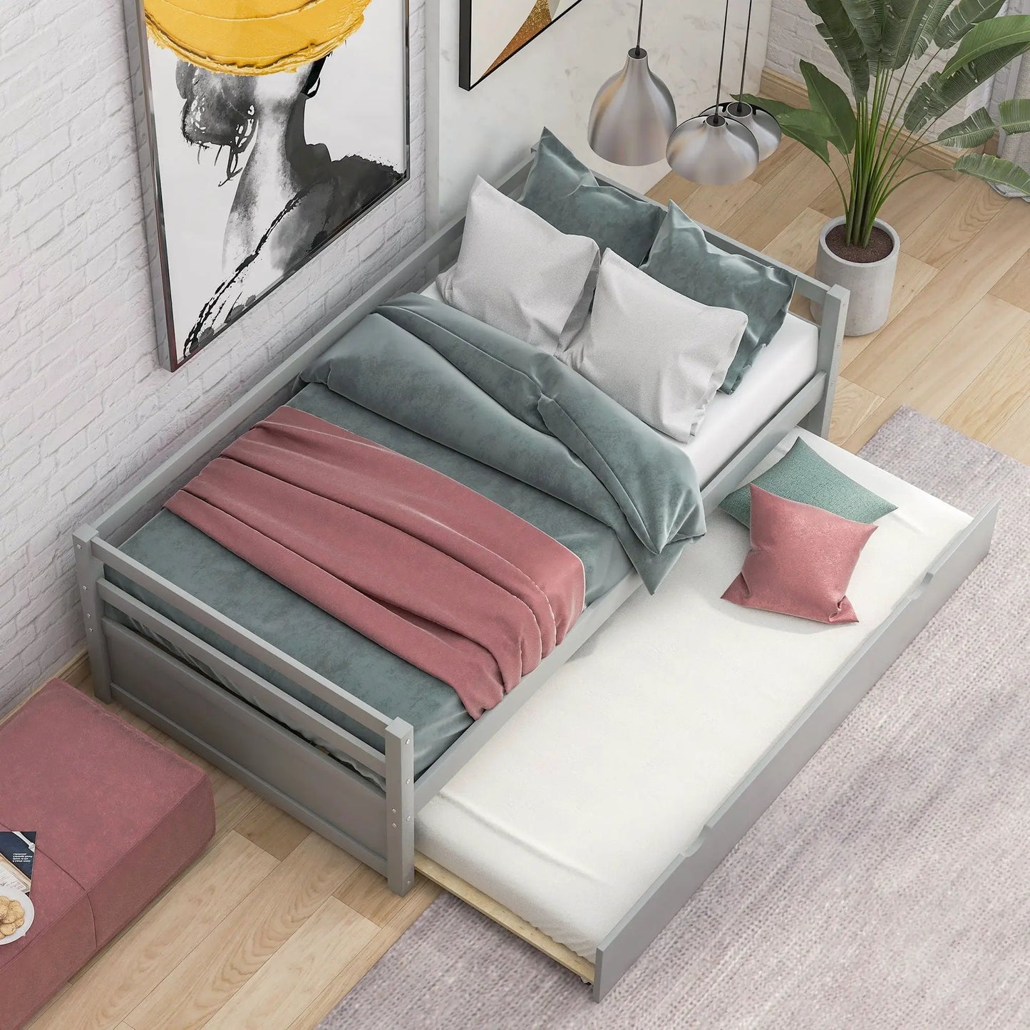 Twin Daybed with Trundle Frame and Solid Pine