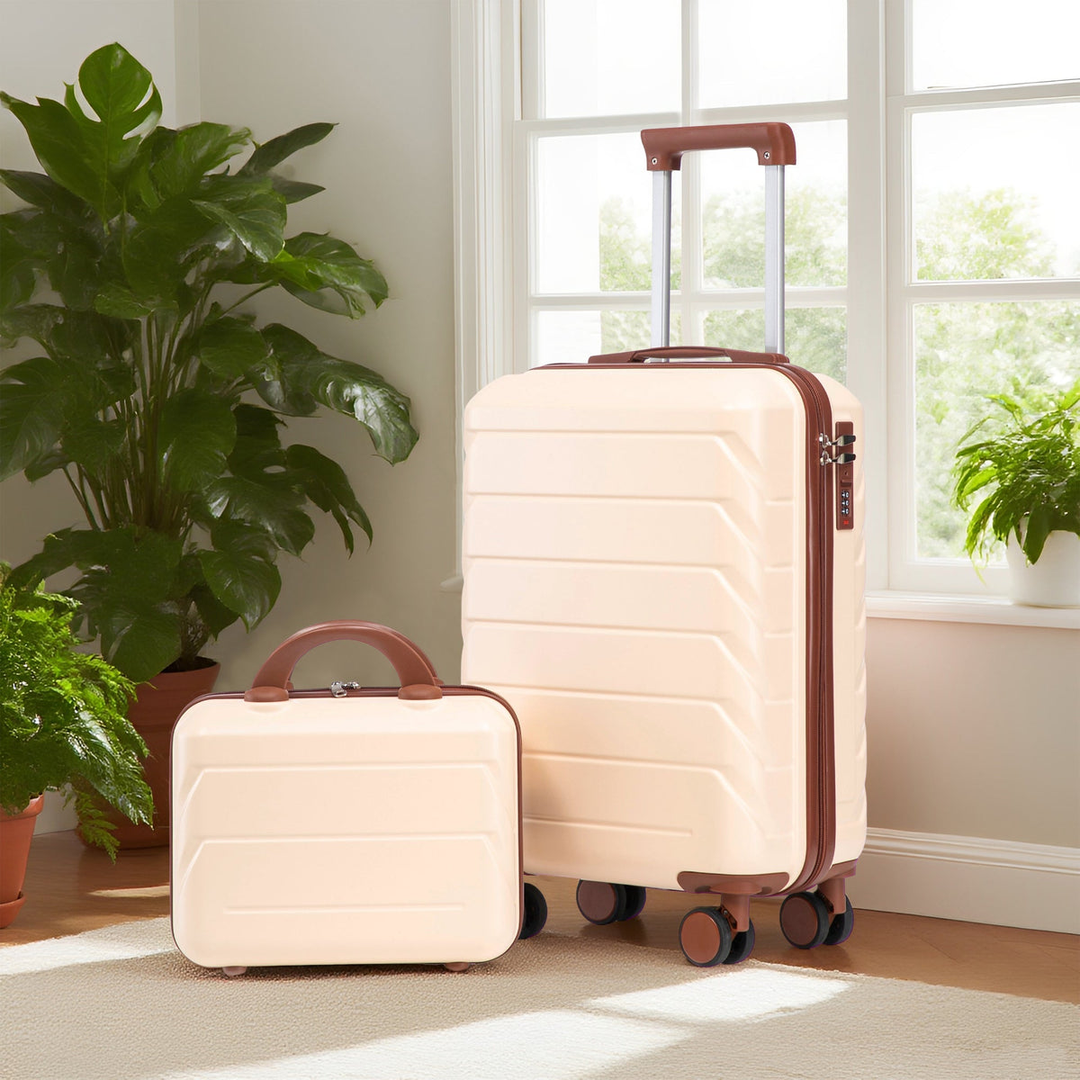 2-piece beige ABS spinner luggage set, 14/20 in, by HouseOfZazla with brown trim on Tampa Home & Garden Store