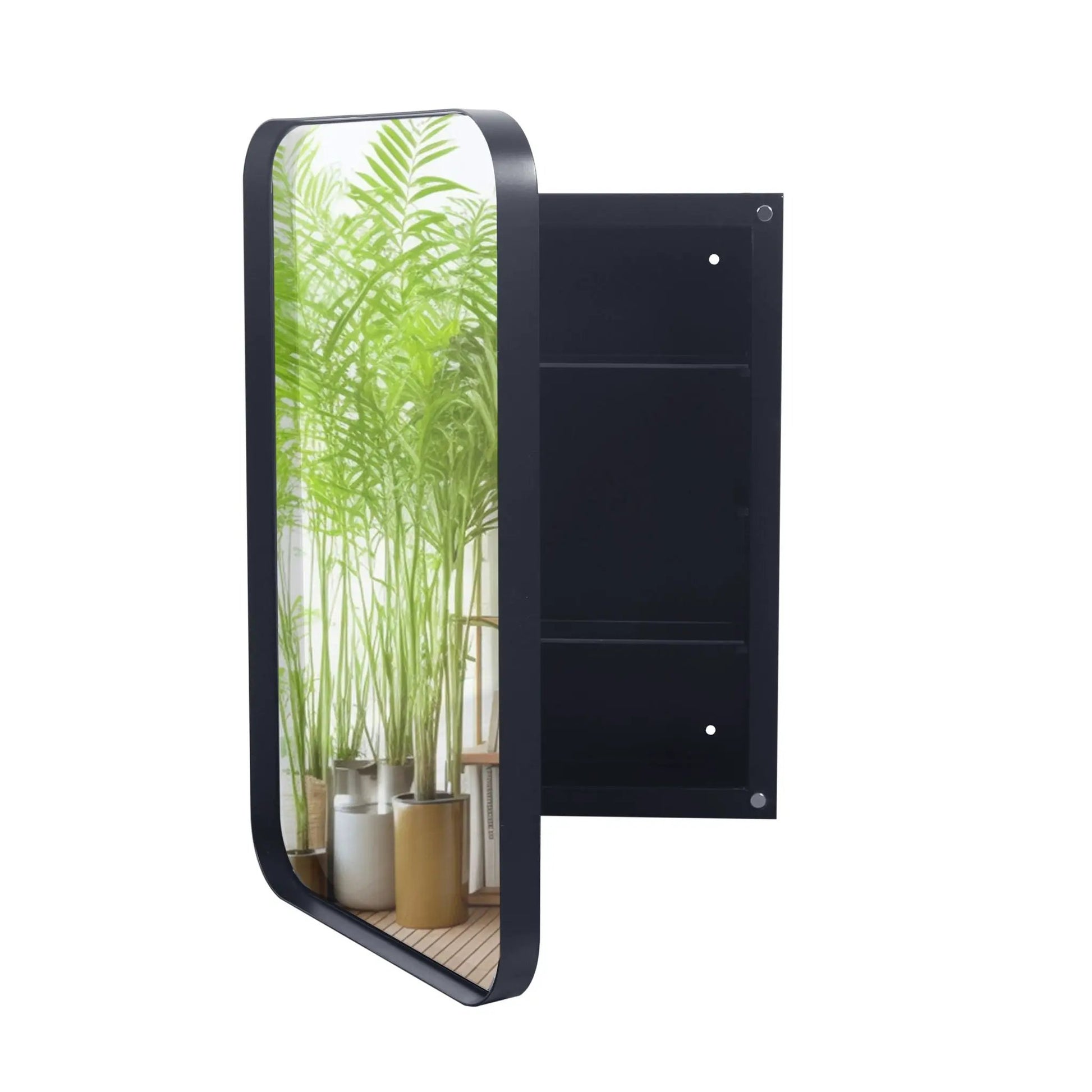 Medicine cabinet, black metal recessed frame with curved mirror panel and adjustable shelves on Tampa Home & Garden Store