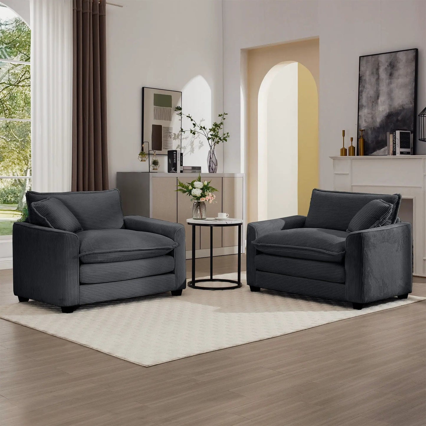 Pair of Modern Classic Fabric Single Chairs with deep seats in dark gray on Tampa Home & Garden Store
