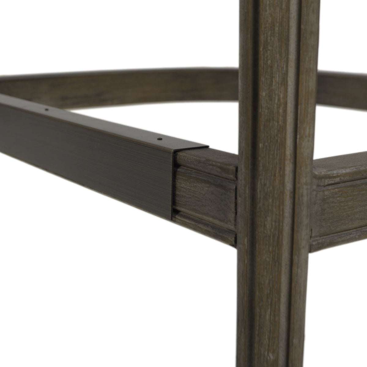 Farmhouse counter height bar stool with backrest beige wood finish close-up of leg joint and metal bracket on Tampa Home & Garden Store