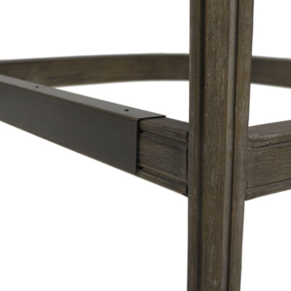 Farmhouse counter height bar stool with backrest beige wood finish close-up of leg joint and metal bracket on Tampa Home & Garden Store