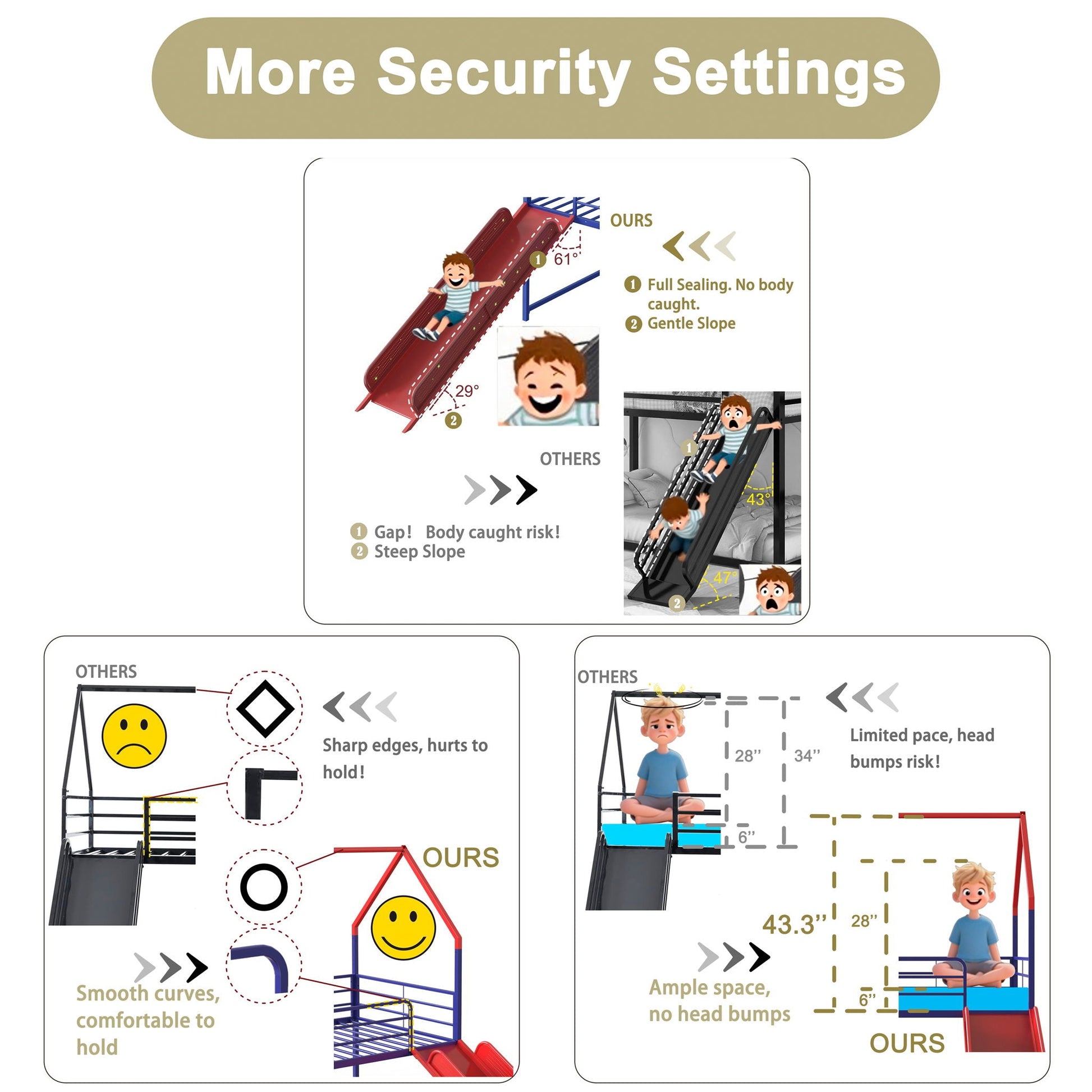 Jack loft bed with slide and curtain set by HouseOfZazla; safety features infographic on Tampa Home & Garden Store