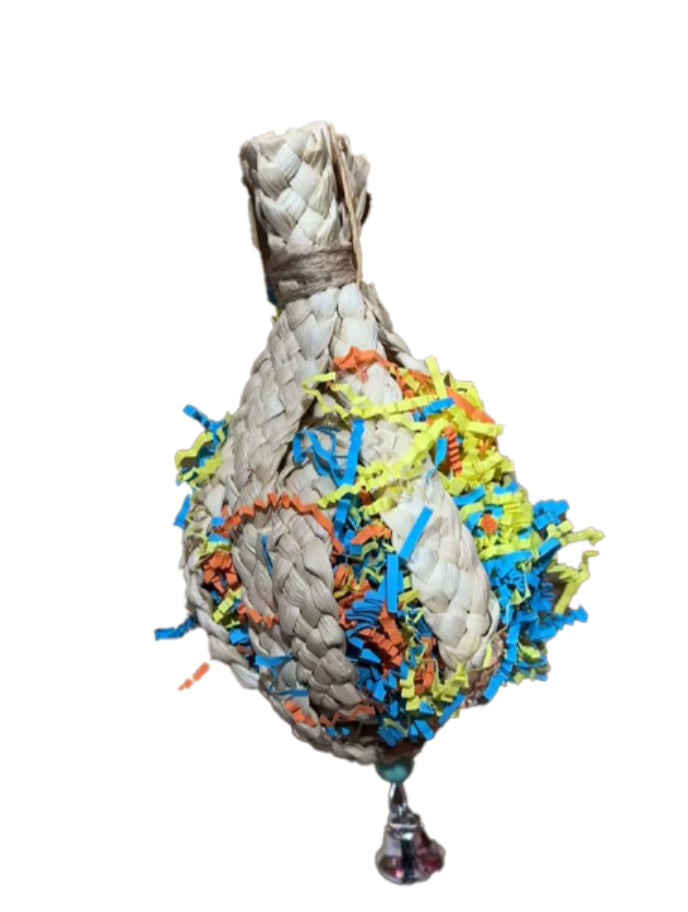 Parrot rope toy made of woven straw with colorful paper confetti and bell by Sell My Stuff on Tampa Home & Garden Store