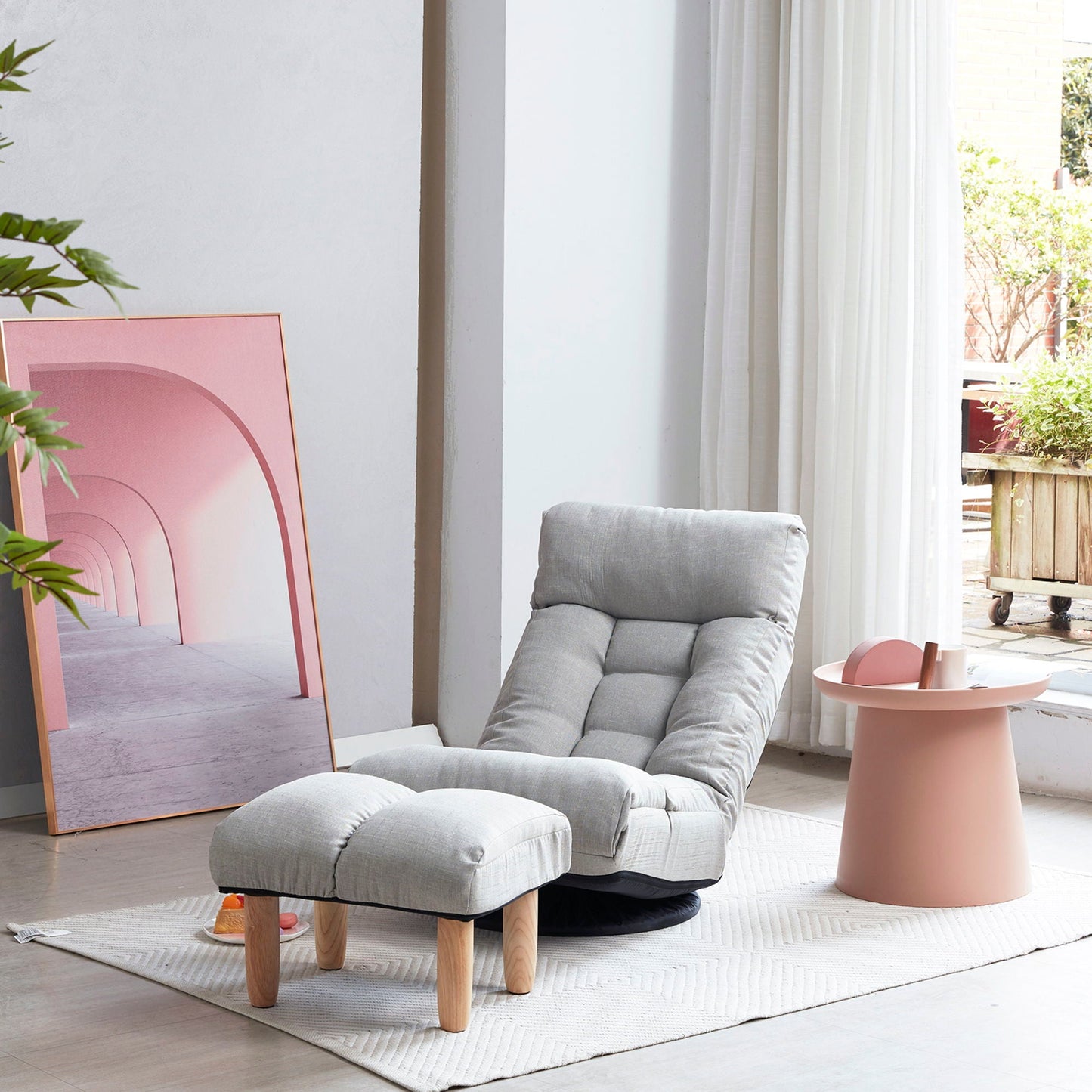HouseOfZazla reclining floor chair and ottoman in light gray fabric with wooden legs on Tampa Home & Garden Store