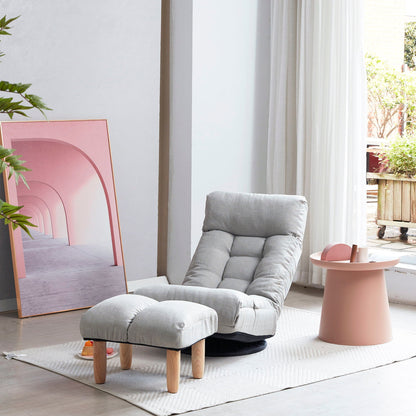 HouseOfZazla reclining floor chair and ottoman in light gray fabric with wooden legs on Tampa Home & Garden Store