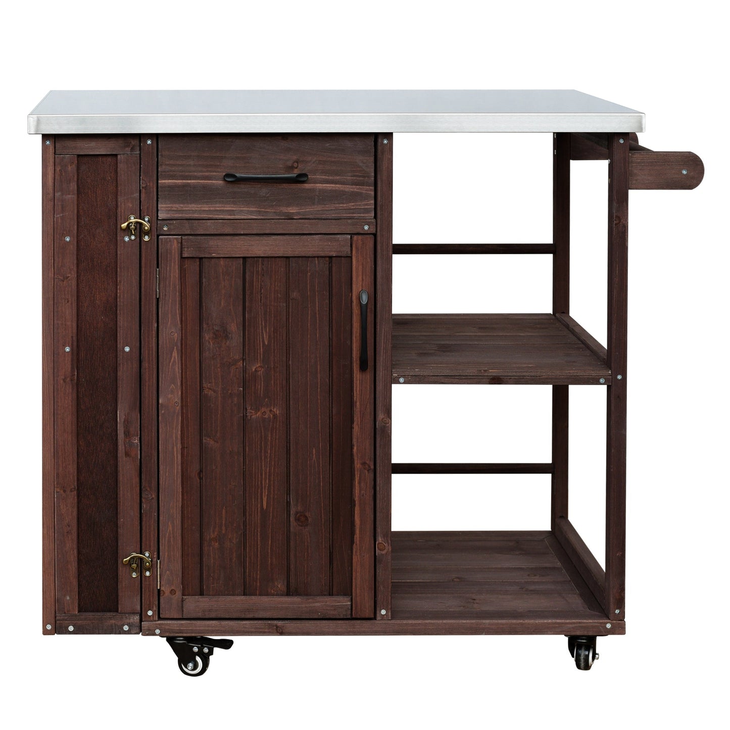 Outdoor Kitchen Island Dark Fir Wood Prep Station with steel top, drawer and cabinet on casters on Tampa Home & Garden Store