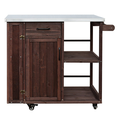 Outdoor Kitchen Island Dark Fir Wood Prep Station with steel top, drawer and cabinet on casters on Tampa Home & Garden Store