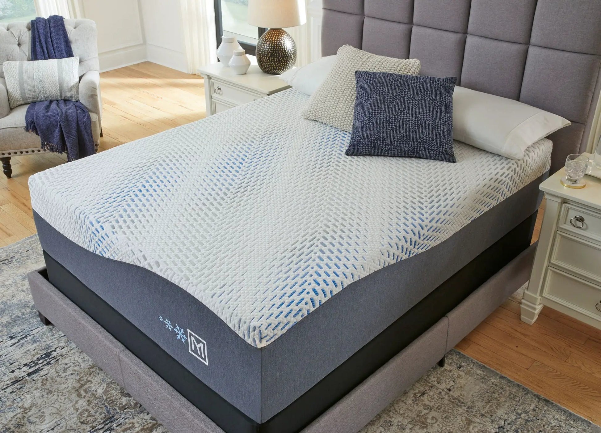 Millennium Gel Mattress & Foundation by Unique Piece Furniture bed 2 nightstands navy pillows on Tampa Home & Garden Store
