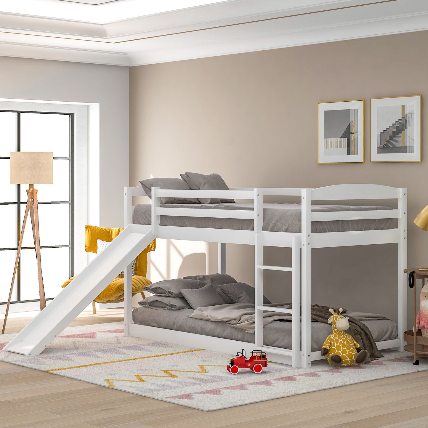 Durable bunk bed with white frame, built-in ladder and slide by HouseOfZazla on Tampa Home & Garden Store