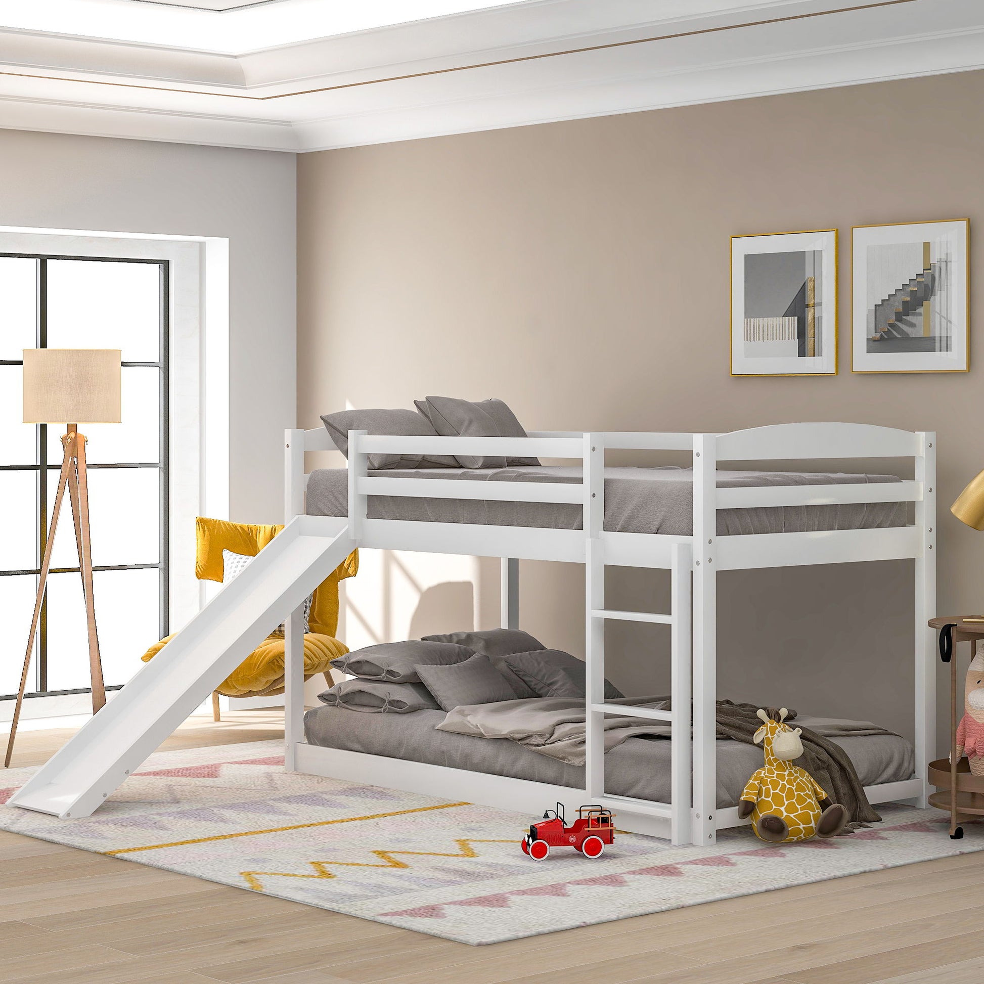 Durable bunk bed with white frame, built-in ladder and slide by HouseOfZazla on Tampa Home & Garden Store