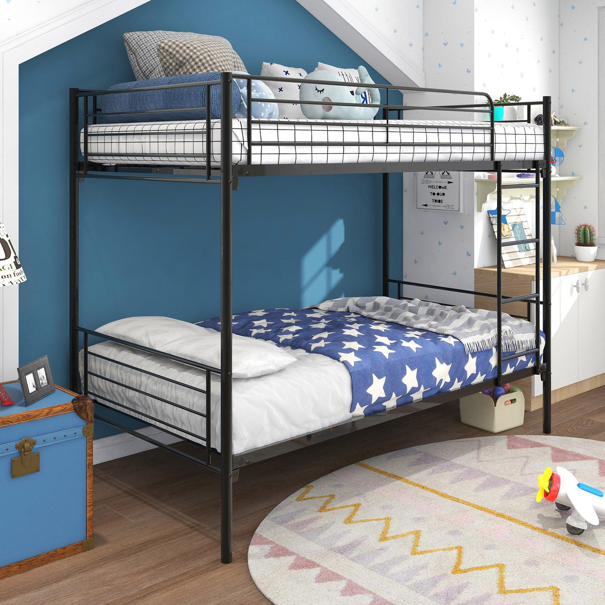 Twin Over Twin Metal Bunk Bed black metal HouseOfZazla blue top and starry bottom ladder right on Tampa Home & Garden Store