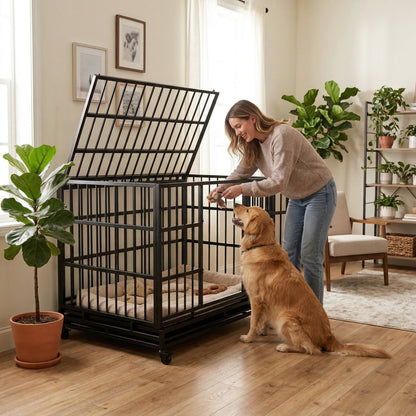 48 Inch Heavy Duty Indestructible Dog Crate with Wheels in black metal by HouseOfZazla on Tampa Home & Garden Store