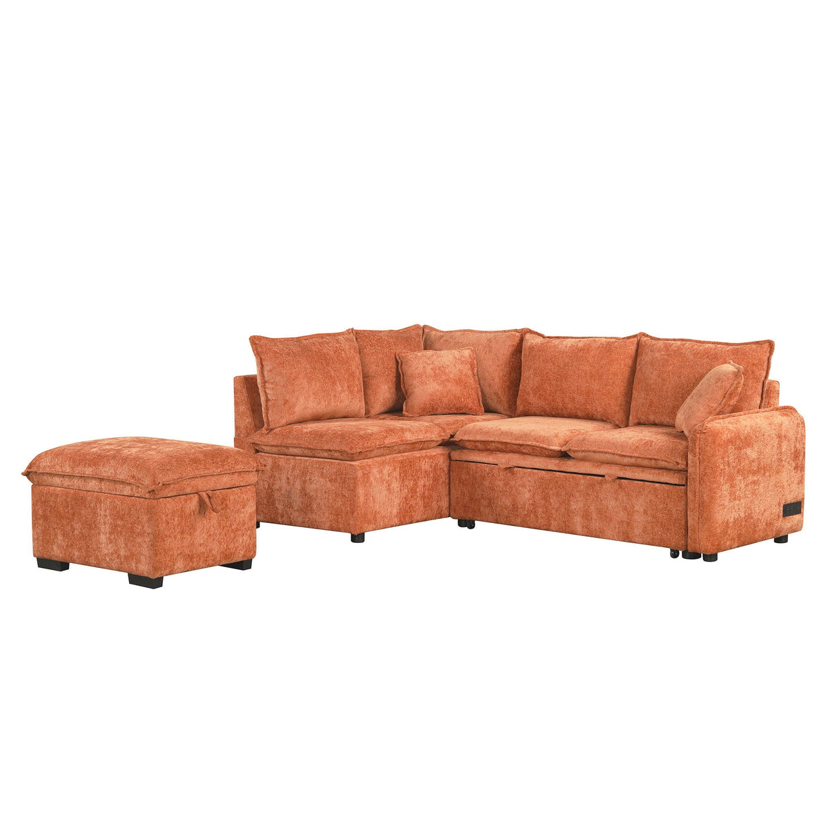 HouseOfZazla orange convertible sofa bed sectional with storage ottoman and two pillows on Tampa Home & Garden Store