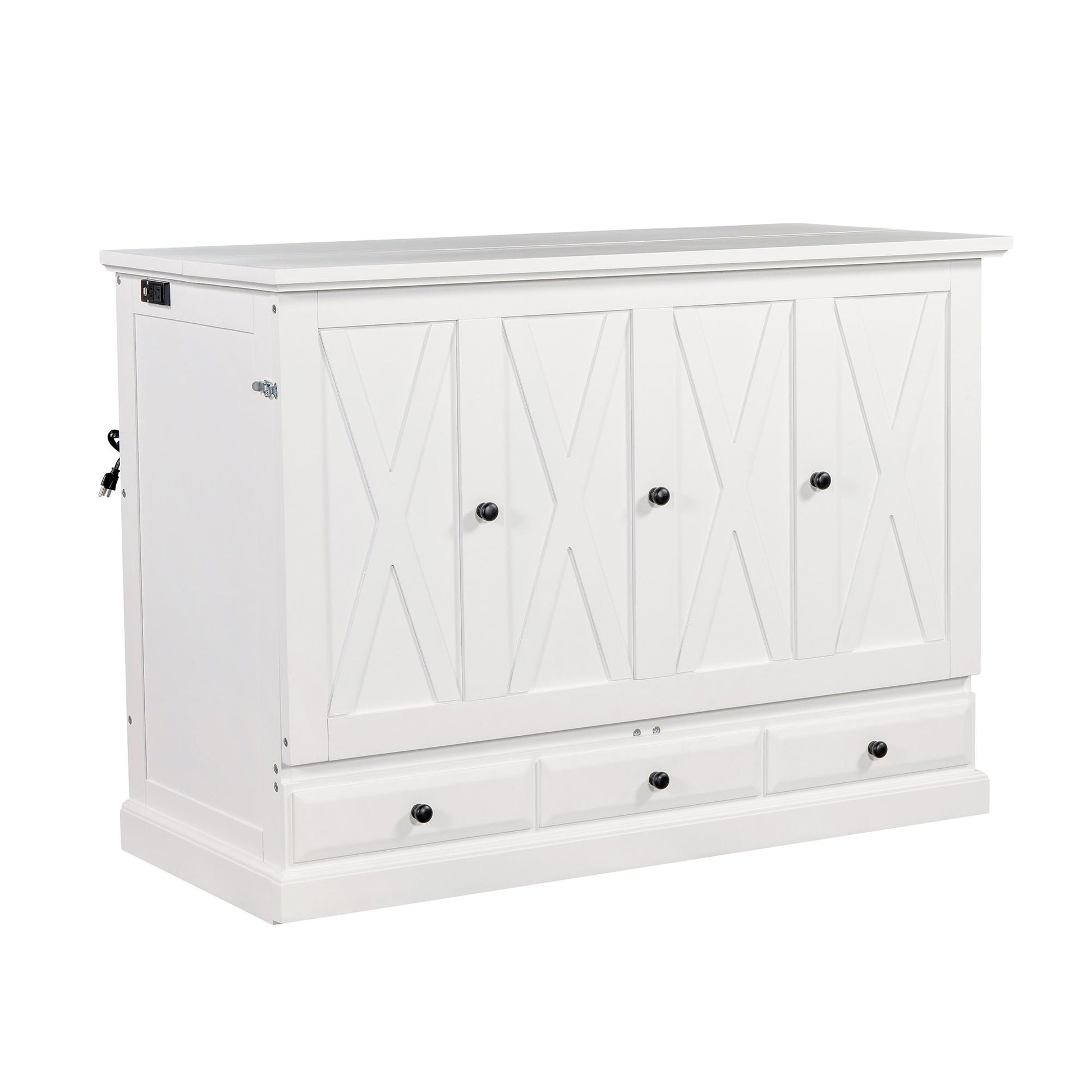 White solid pine Murphy bed cabinet with cube-pane doors and built-in charging station on Tampa Home & Garden Store