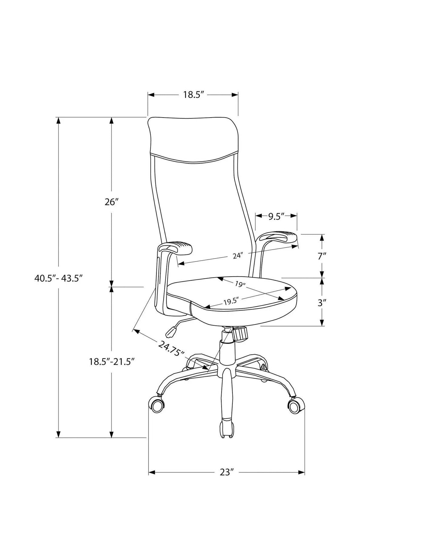 Office chair with adjustable height, swivel base, and armrests by Unique Piece Furniture dimensioned line drawing on Tampa Home & Garden Store