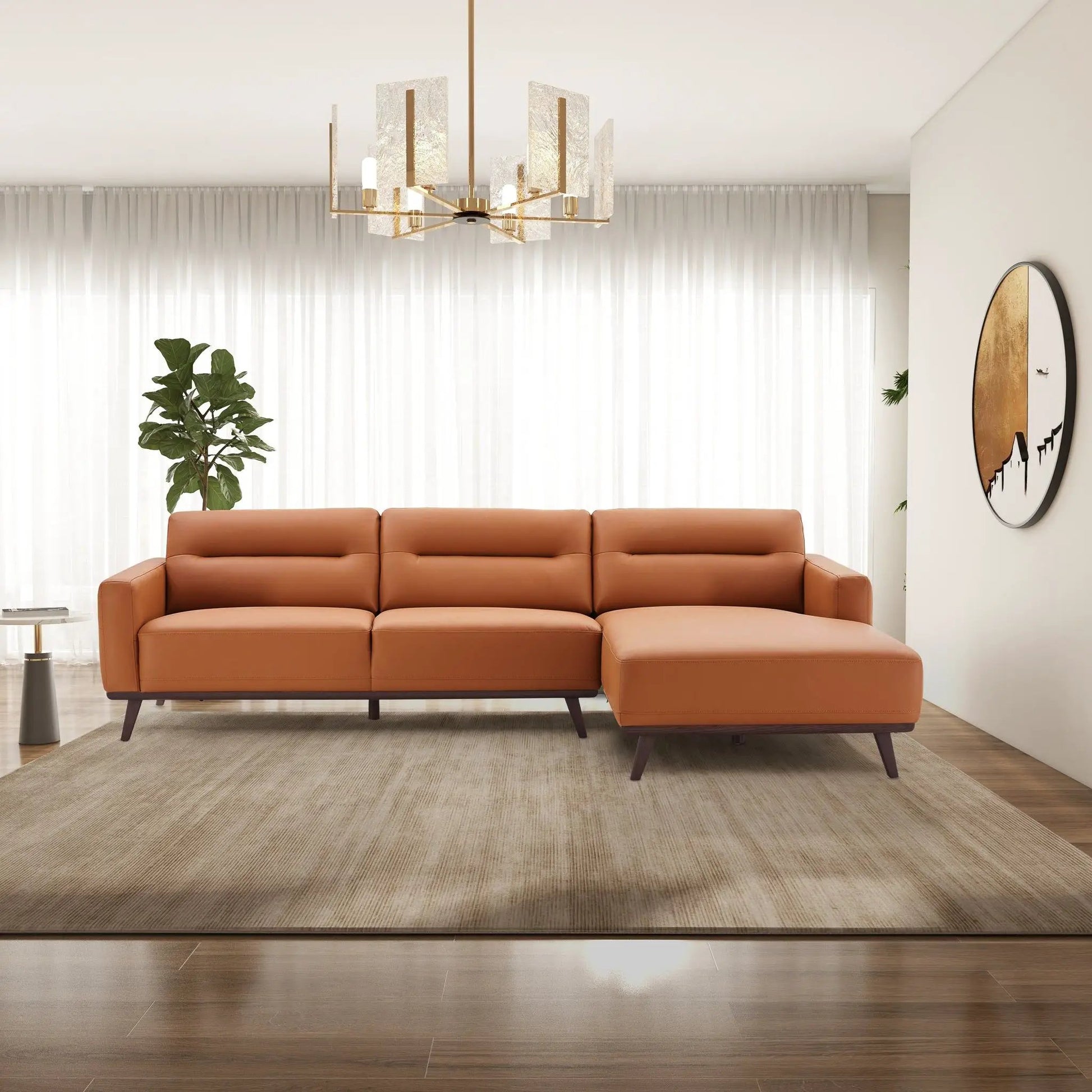 Ella L-Shaped Sectional Couch caramel leather by Unique Piece Furniture; stationary sofa with chaise on Tampa Home & Garden Store