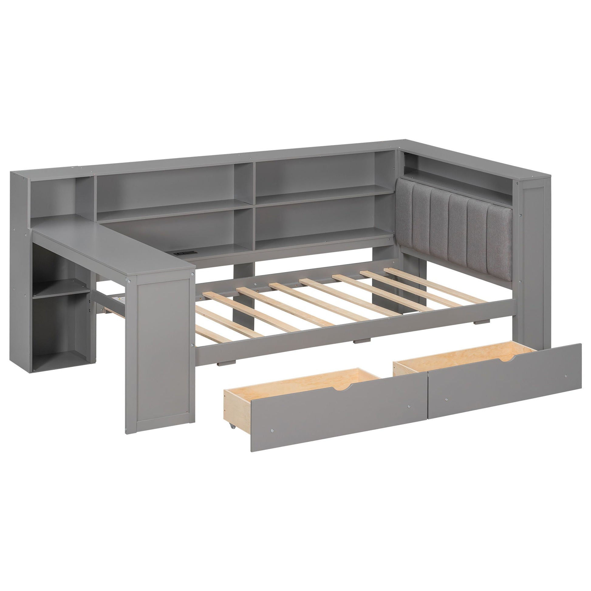 Platform bed with storage shelves and drawers, upholstered headboard, gray finish, HouseOfZazla on Tampa Home & Garden Store