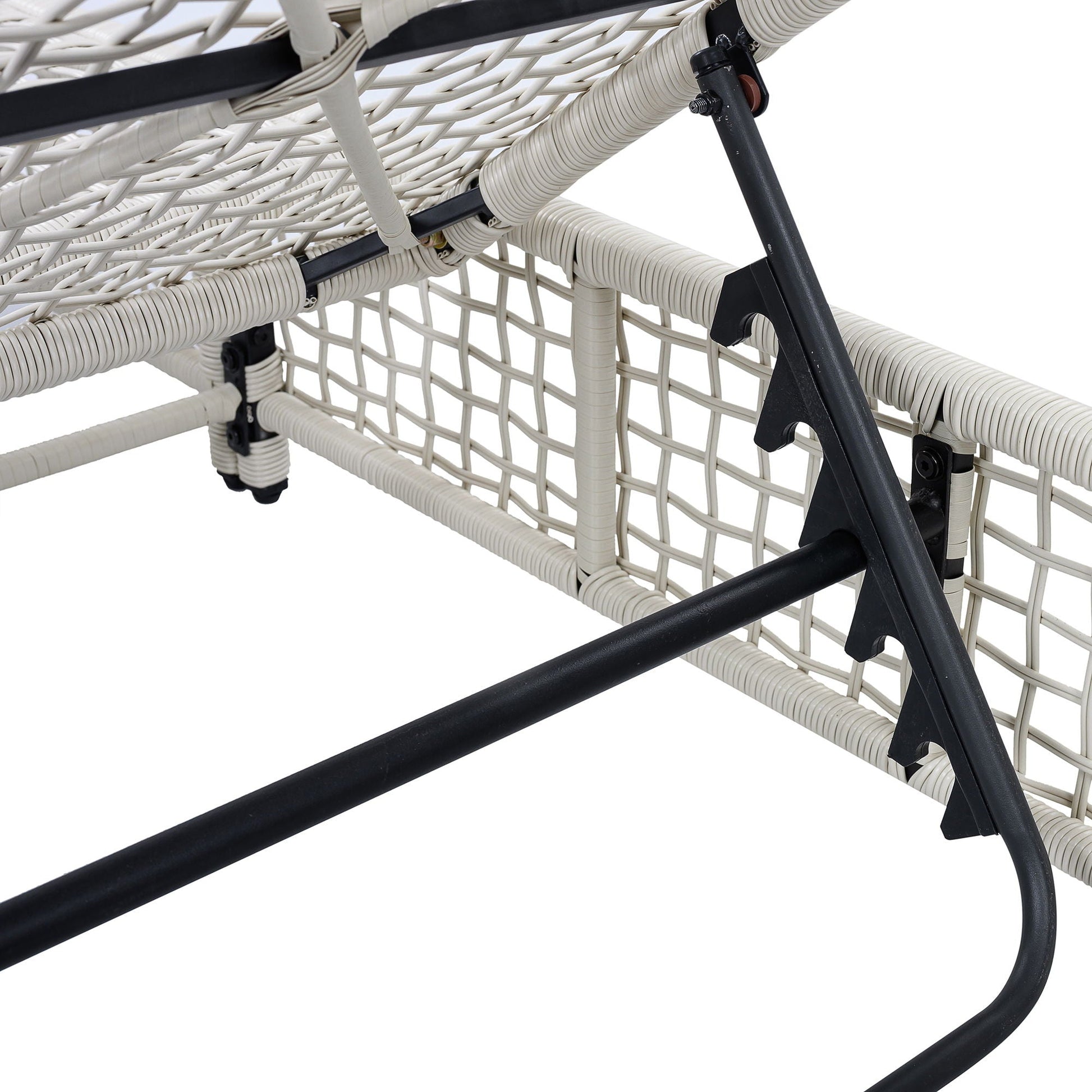 Outdoor lounge chaise in beige woven rattan with black metal frame and wheels on Tampa Home & Garden Store
