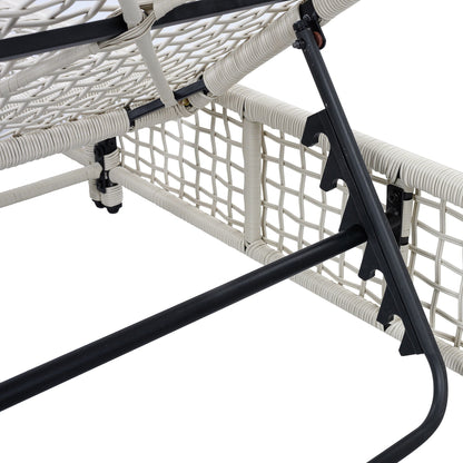 Outdoor lounge chaise in beige woven rattan with black metal frame and wheels on Tampa Home & Garden Store