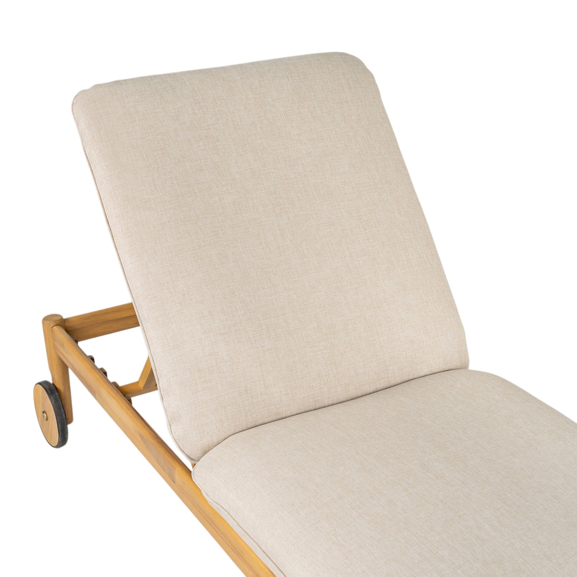 Riviera Outdoor Chaise Lounge set of 2 with wheels, acacia wood frame and beige cushions on Tampa Home & Garden Store