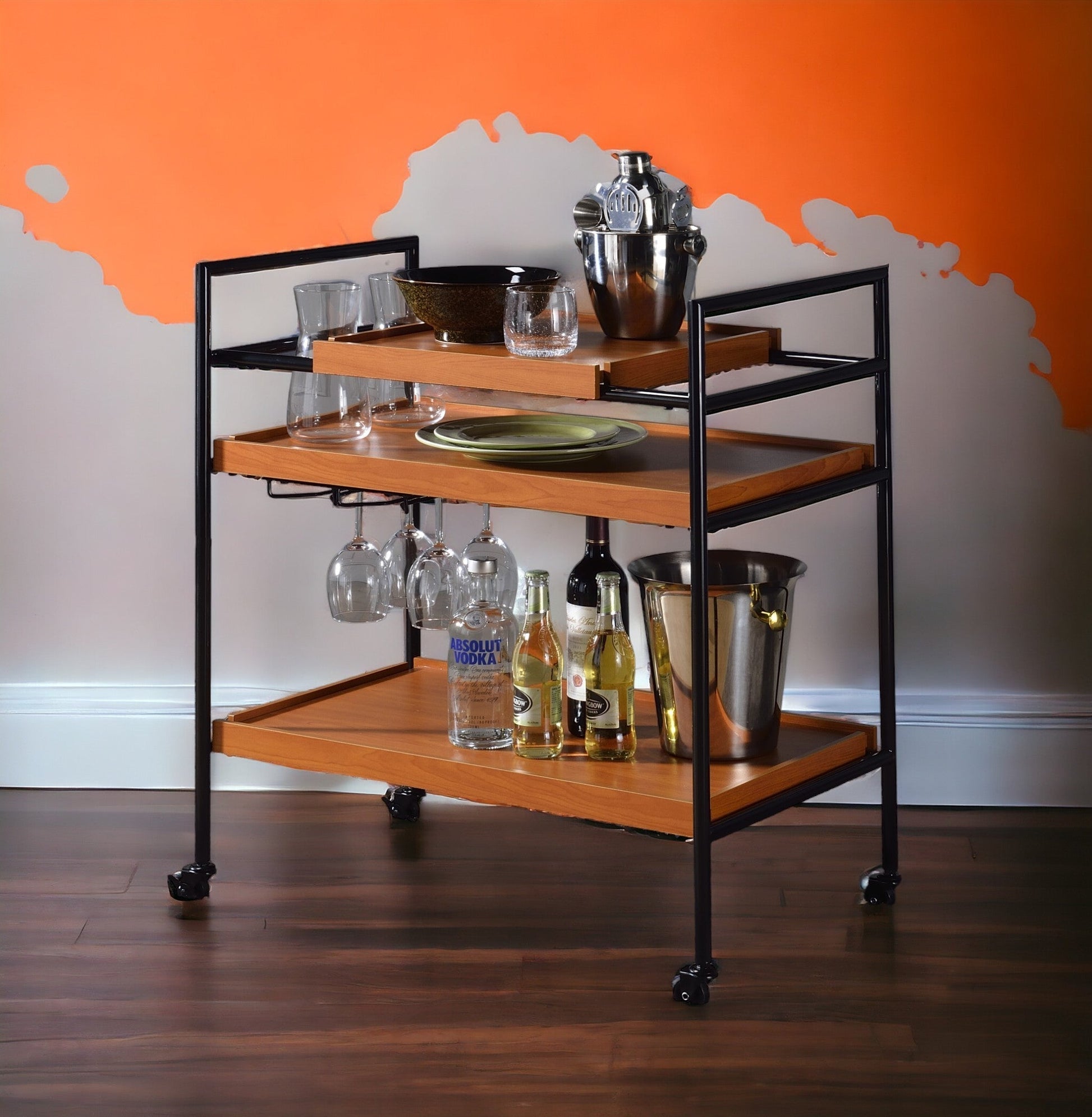 Oaken Honey Oak & Black Finish Serving Cart with wood shelves and black metal frame on Tampa Home & Garden Store
