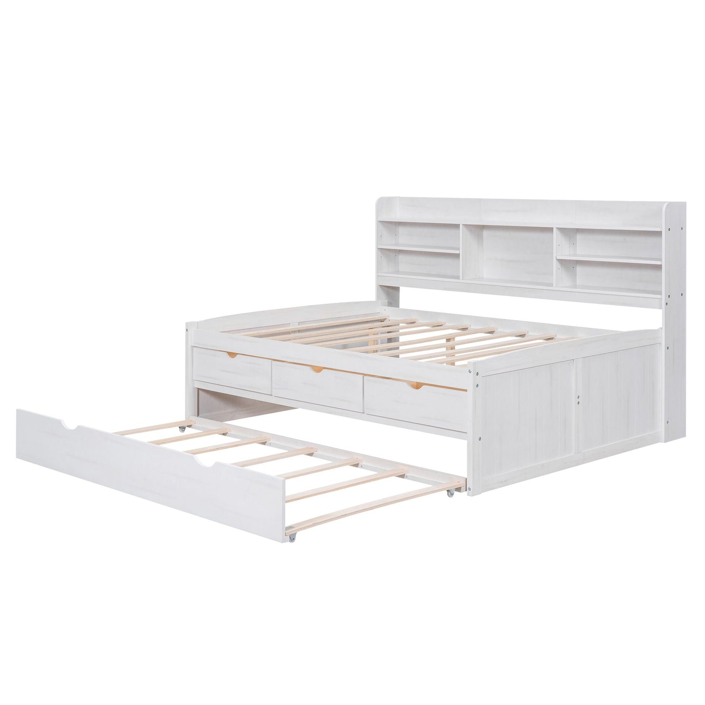 Captain bed with built-in bookshelves and 3 storage drawers and trundle in white by HouseOfZazla on Tampa Home & Garden Store