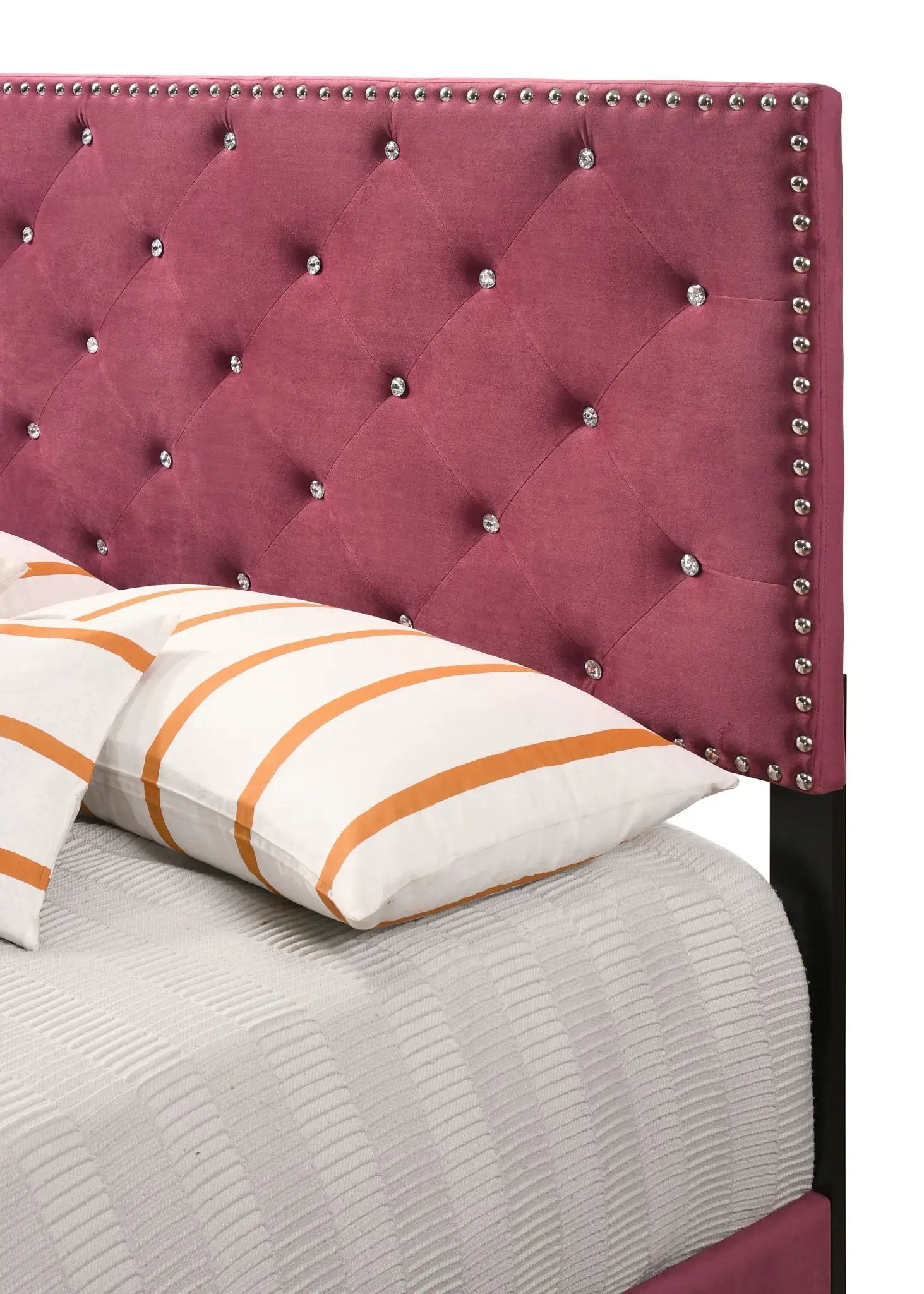 Luxurious Upholstered Bed in plum velvet with diamond tufting and crystal button accents on Tampa Home & Garden Store