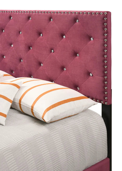 Luxurious Upholstered Bed in plum velvet with diamond tufting and crystal button accents on Tampa Home & Garden Store