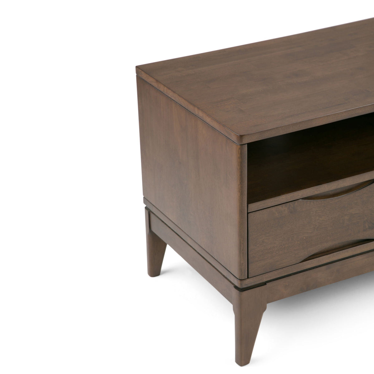 Handcrafted rubberwood TV stand with drawers in walnut finish, tapered legs on Tampa Home & Garden Store